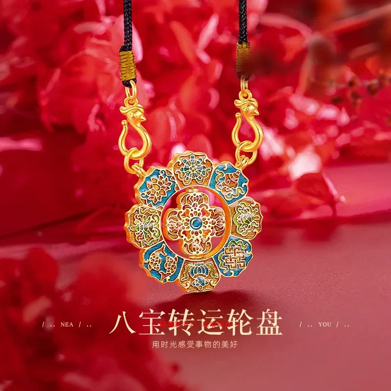 9999 Real Gold 24K Ancient Gold Enamel Color Buddhist Eight Treasures Transit Roulette Pendant Hand-woven Black Rope Pendant