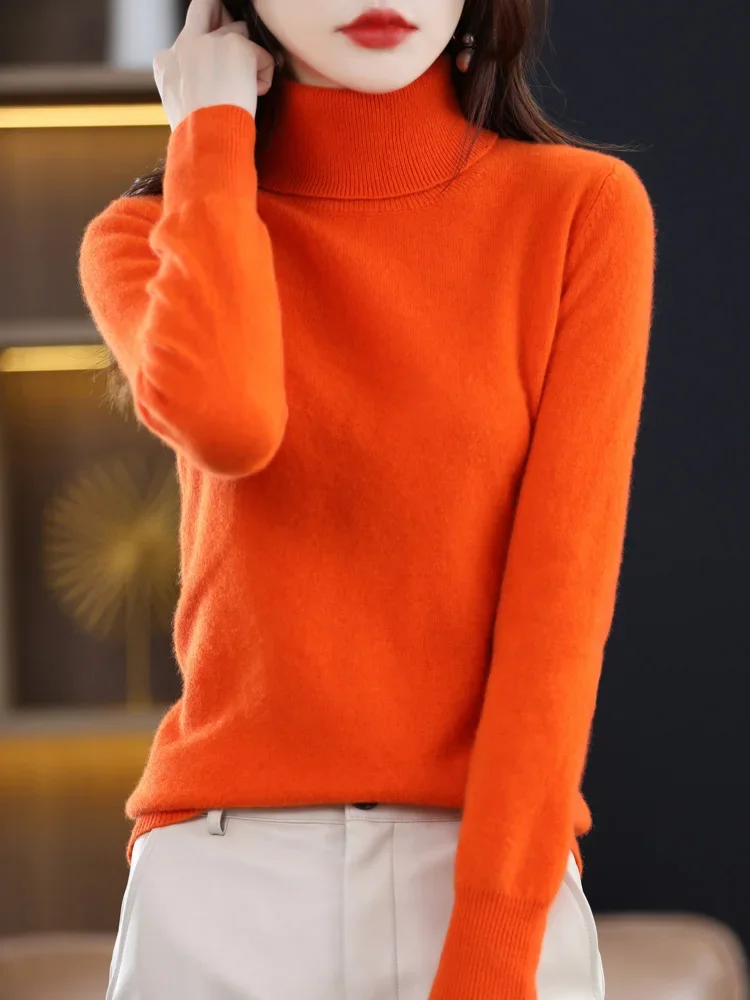 100% Merino Wool Cashmere Women Knitted Sweater Turtleneck Long Sleeve Pullover Autumn Clothing Elegant Casual Jumper Y2k Tops