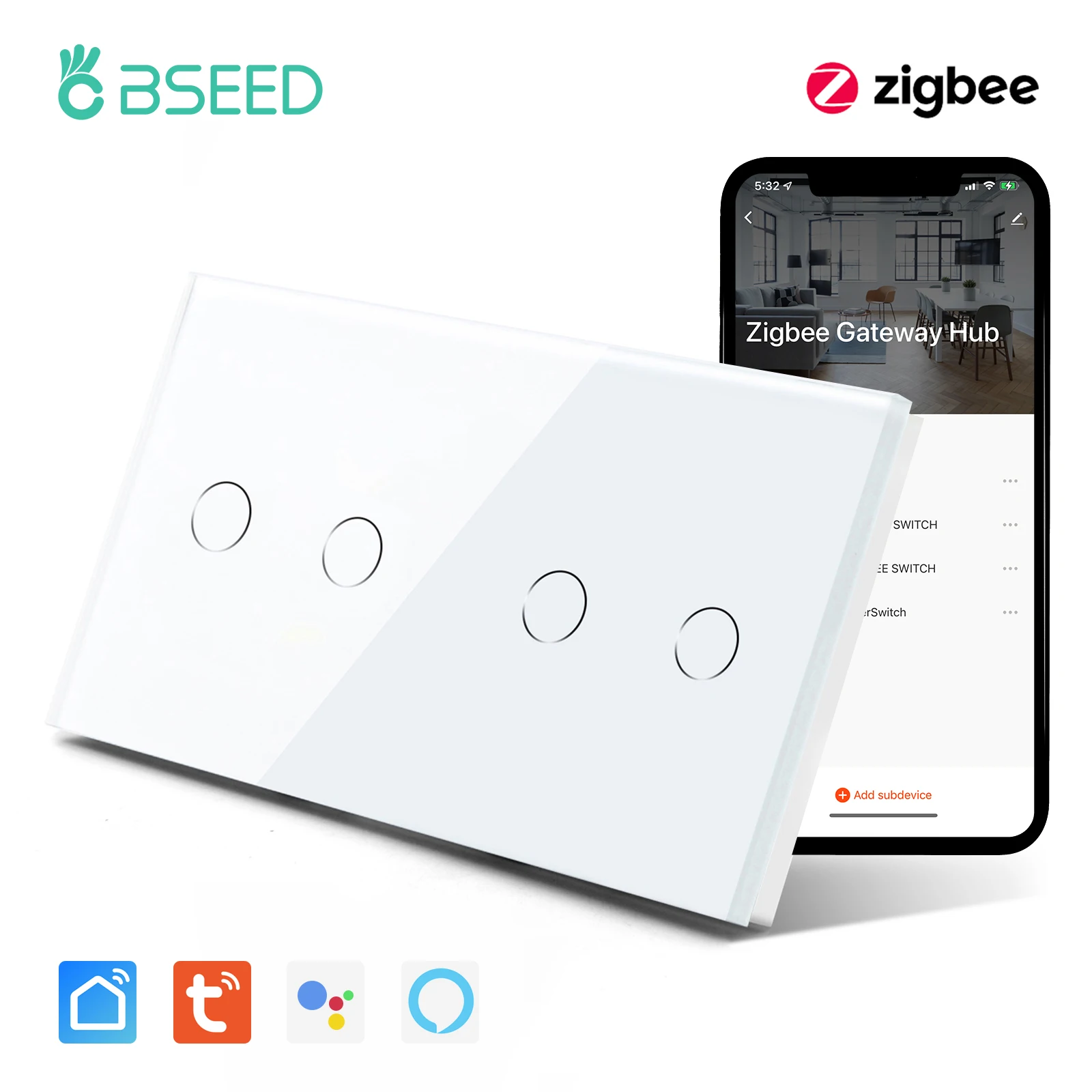 

BSEED Zigbee Wall Touch Switches Double 1/2/3Gang 1Way Wireless Smart Switch Wifi Sensor Switch Tuya Google Alexa No Neutral