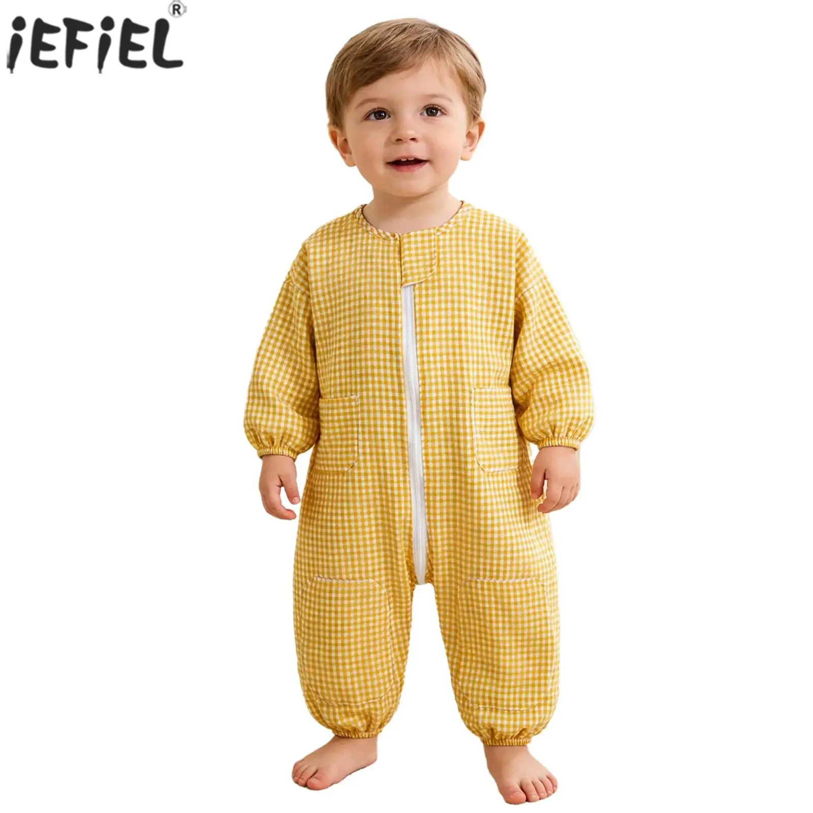 

Детские комбинезоны в клетку с дышащей сетчатой спинкой для мальчиков и девочек, боди с длинными рукавами на молнии, верхняя одежда для игр на улице, еды и рисования