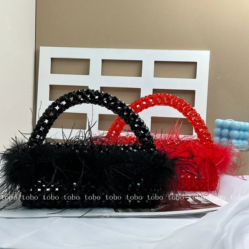 Customized Pearl Bead Bag with Ostrich Feather Fur Designer Brand Box Ladies Hand Bags Handmade Women Party Purses