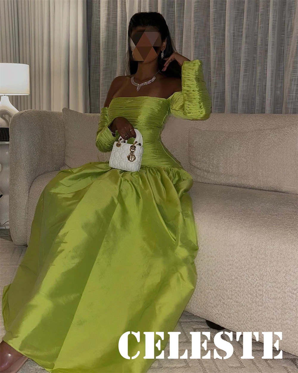 

Customized Sparkly Green Satin Evening Dresses Exquisite Strapless Long Sleeves Homecoming Dresses Luxury Vestido De Festa