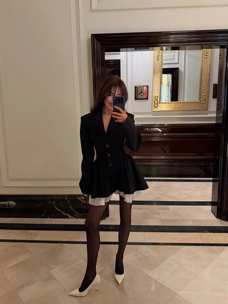 

Шикарное черное платье-блейзер с V-образным вырезом, короткое, женское, однобортное, с завышенной талией, плиссированное, А-силуэт, 2026, новинка, повседневное, Vestidos