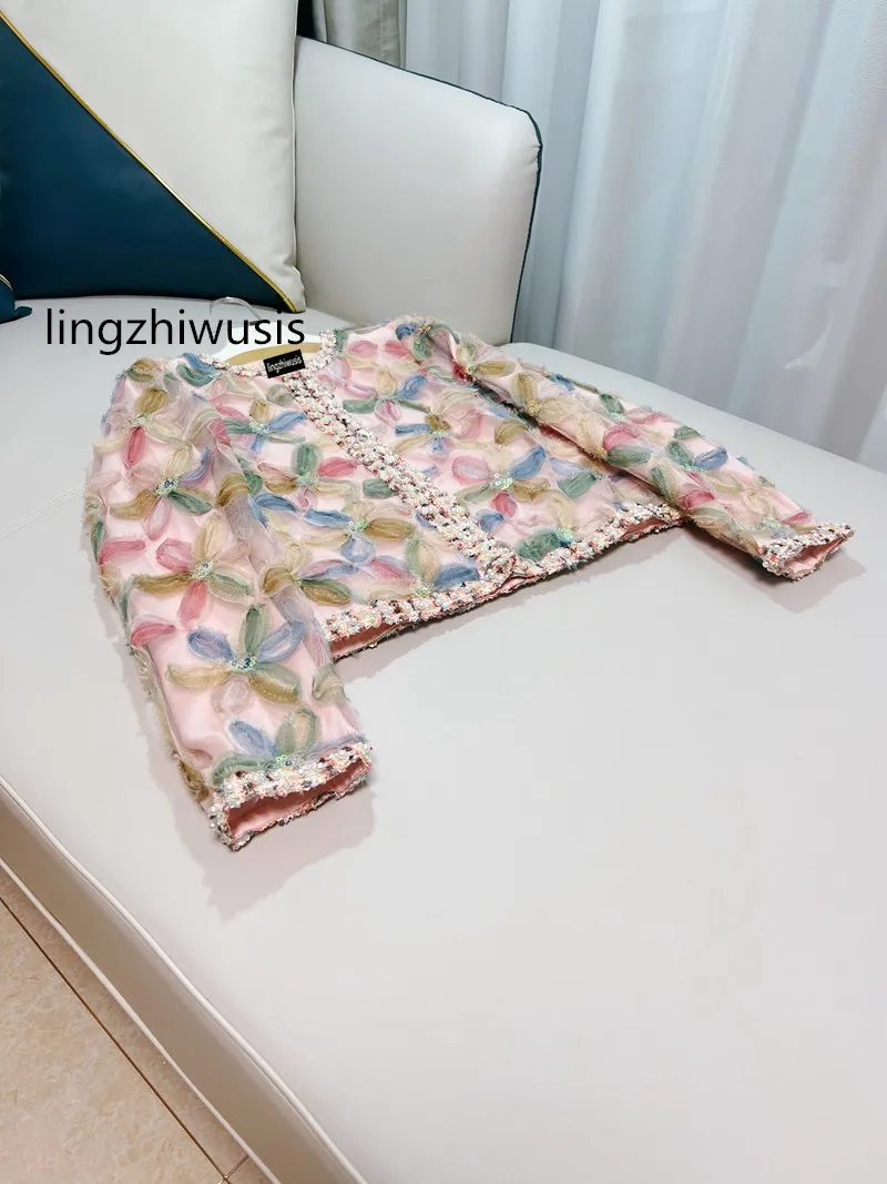 

lingzhiwusis Short Top Handmade Beading Chinese Style Three-Dimensional Floral Pink Luxury Coat Female New Arrive