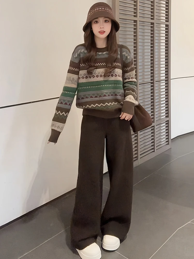 

Soft Cozy aphic Color Blo Striped Sweater High Waist Wide Leg Pants Women's Faion Set Casual Sle Winter Collection