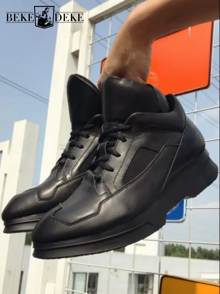 

High Street Solid Color Cowhide Round Toe Platform Casual Shoes Height Increase Genuine Leather Youth Male Lace-Up Footwear