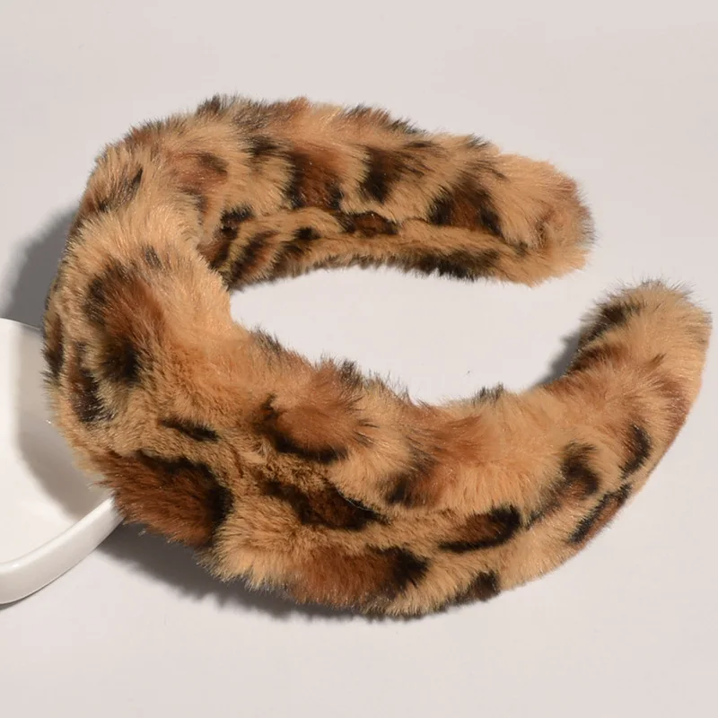 Women Leopard Faux Fur Hairband Soft Plush Hair Accessories Wide Side Adult Girls Headbands Winter Fashion Hair Hoop