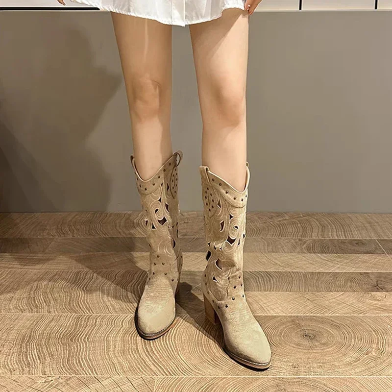 Hollow Embroidered Vintage Western Boots Women 2024 Autumn Chunky Heels Knee High Cowboy Boots Woman Pu Leather Knight Booties