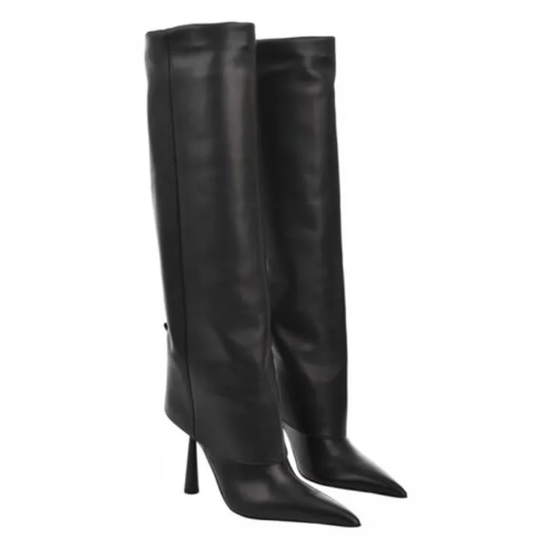 Elegant Luxury Croc Print Knee High Boots Women Pointed Toe Flared Shaft Sculptural SpecialShaped Heel 8cm+ Fashion Boots F517