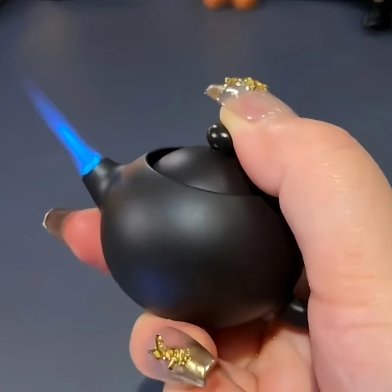 Rotating Decompression Creative Teapot Lighter Windproof Deep Blue Straight Flame Turbine Torch Lighter Small Portable Accessory