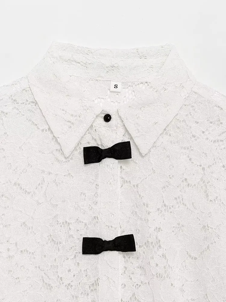 

NLZGMSJ Women's Vintage Chic Solid Lace Blouse Bow Turn-down Collar Long Sleeve Loose Fit New Fashion 2025 Spring Autumn Shirt
