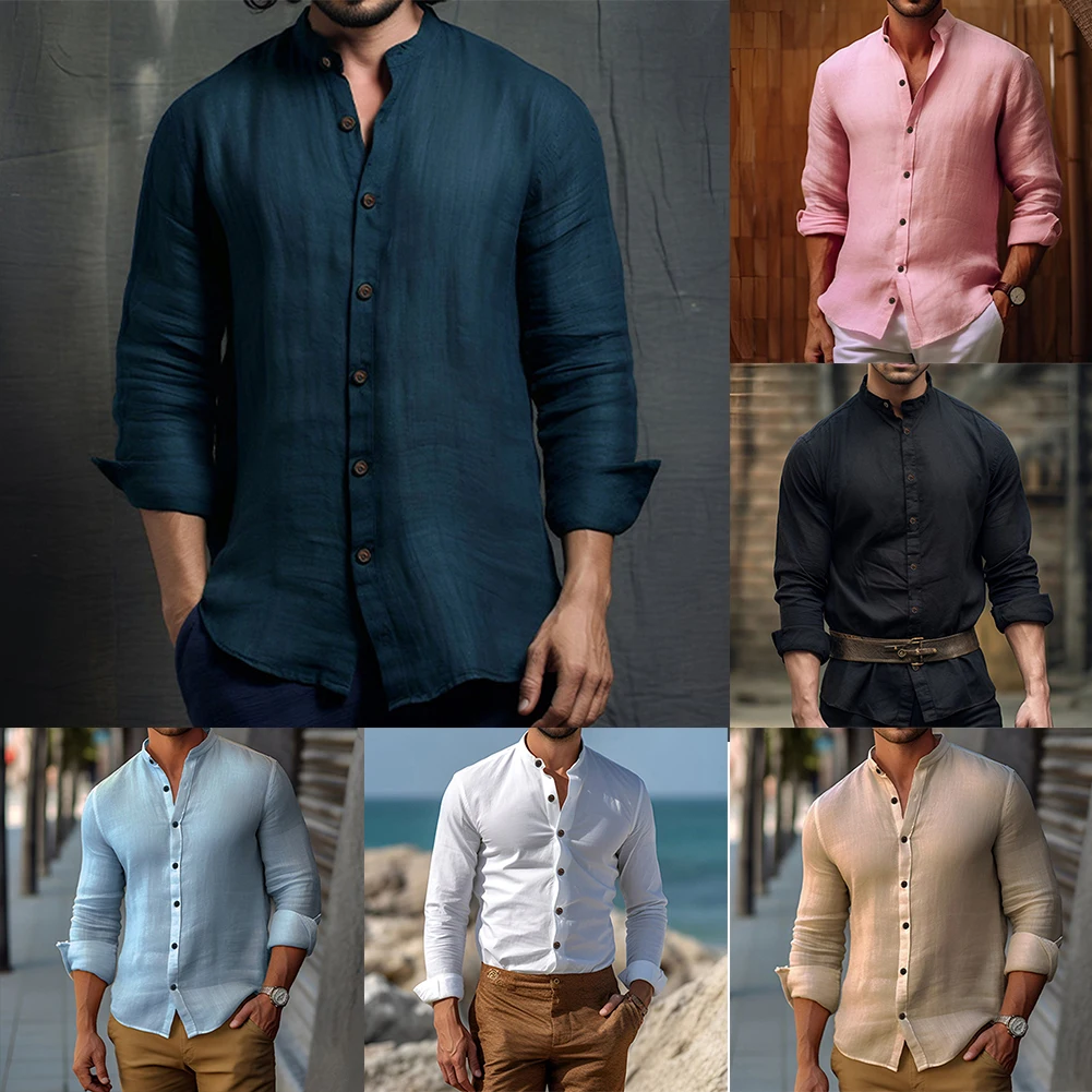 

Men Retro Collarless Casual Formal Informal Grandad Long Sleeve Cotton Shirt Top Vintage Fashion Grandad Collar Shirts