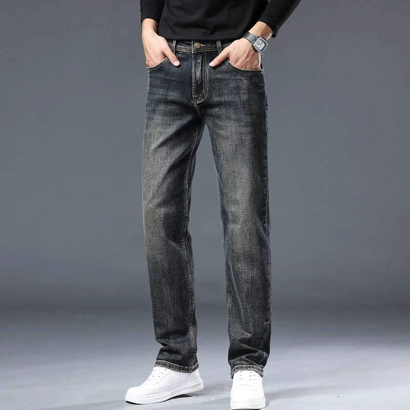 High-end retro blue nostalgic color jeans 2024 autumn and winter new fashion elastic straight washed casual jeans