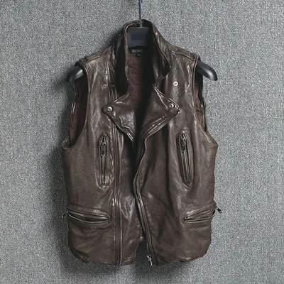 

Genuine Men's Vest Leather Jacket Men Autumn Vintage 100% Sheepskin Coat Motorcycle Chaqueta Hombre 2023 -15