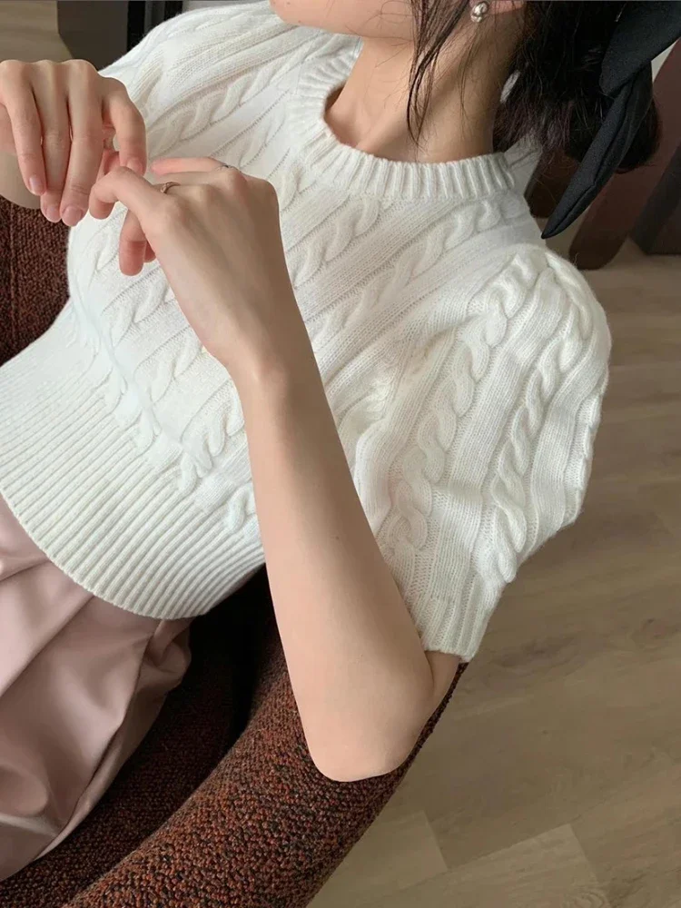 Korean Style O Neck Puff Sleeve Sweaters Women Spring Summer 2024 New Loose Causal Knitted Tops Vintage Elegant Sweet Jumper