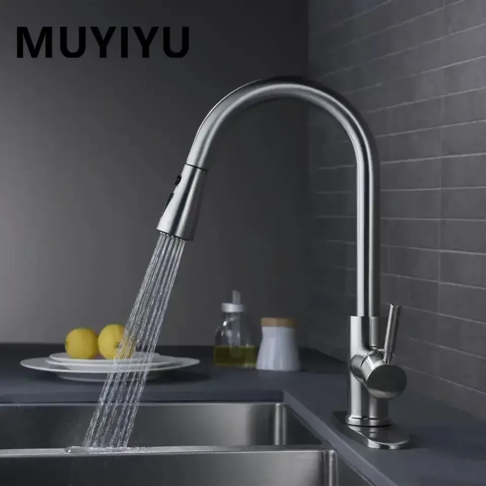 MUIYUIYU Kitchen Faucets Stainless Steel Deck Mounted Pull Out  Bathroom Sink Water Tap Mixer Stream Sprayer Head Hot Cold Taps