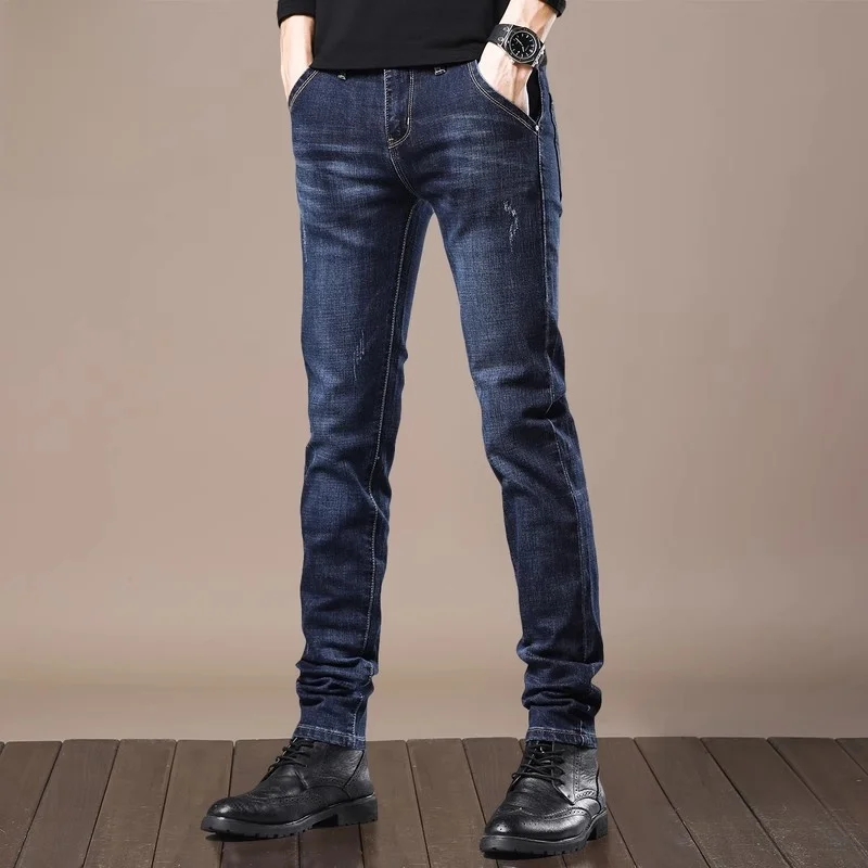 

Men's Slim Fit Jeans Deep Blue Elastic Trendy Spring New Long Pants Casual Wear Resistant Cotton Polyester Spandex