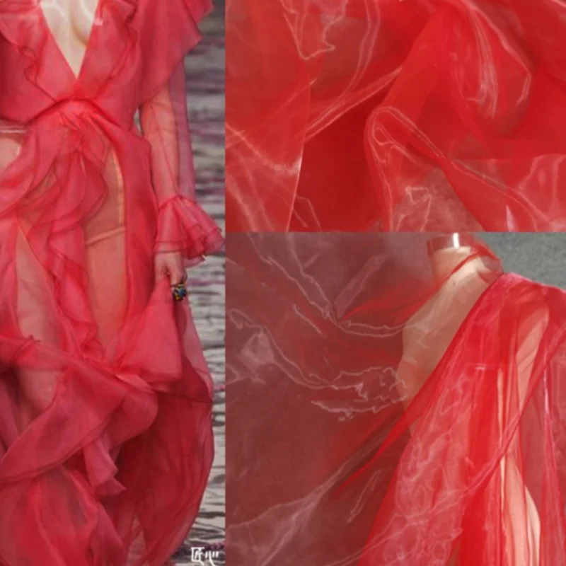 No9 Large Red High-density Organza Encrypted Silky Smooth Transparent Fluffy Skirt Veil Designer Fabric