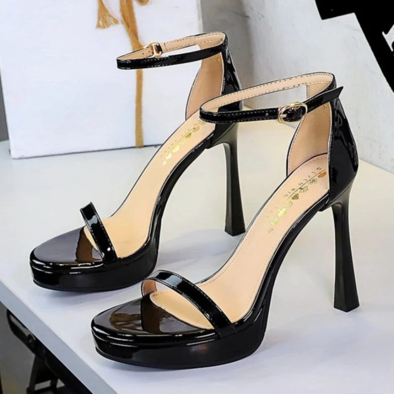 New Thin Heel Women Shoes Fashion Simple Patent Leather Glossy Super High Heels Open Toe Sandals Classic Versatile Lady Shoes view 4