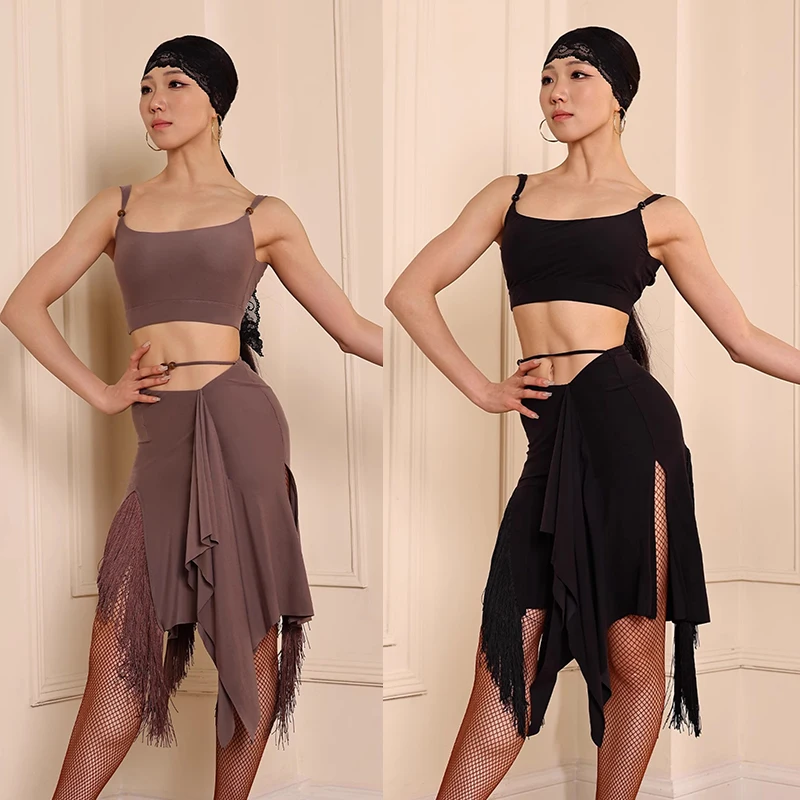 

Summer Women's Latin Dance Clothes Practice Wear Rumba Samba Tango Dance Performance Costume Black Tops Slit Fringe Skirt L15864