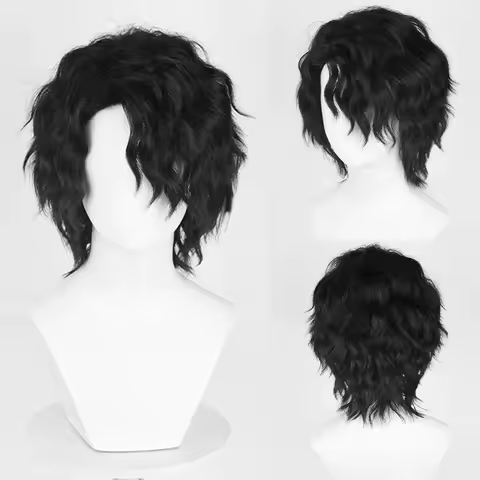 Men Synthetic Short Black Wave Curly Men Wig Anime Game Cosplay Fluffy Heat Resistant Wig for Daily Party