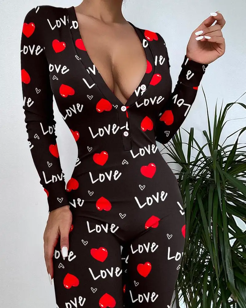 

Home Jumpsuit Women 2024 Heart Letter Print Functional Buttoned Flap Sleep Onesie High Waist Slim Fit Long Conjoined Body Pants