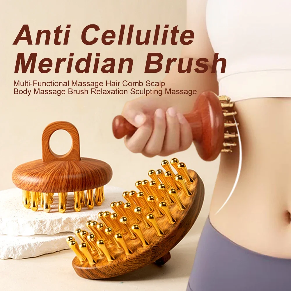 Brosse anti-cellulite en cuivre pour massage des méridiens, peigne de massage pour le corps et le cuir chevelu, masseur de points d'acupression, drainage lymphatique, Gua Sha