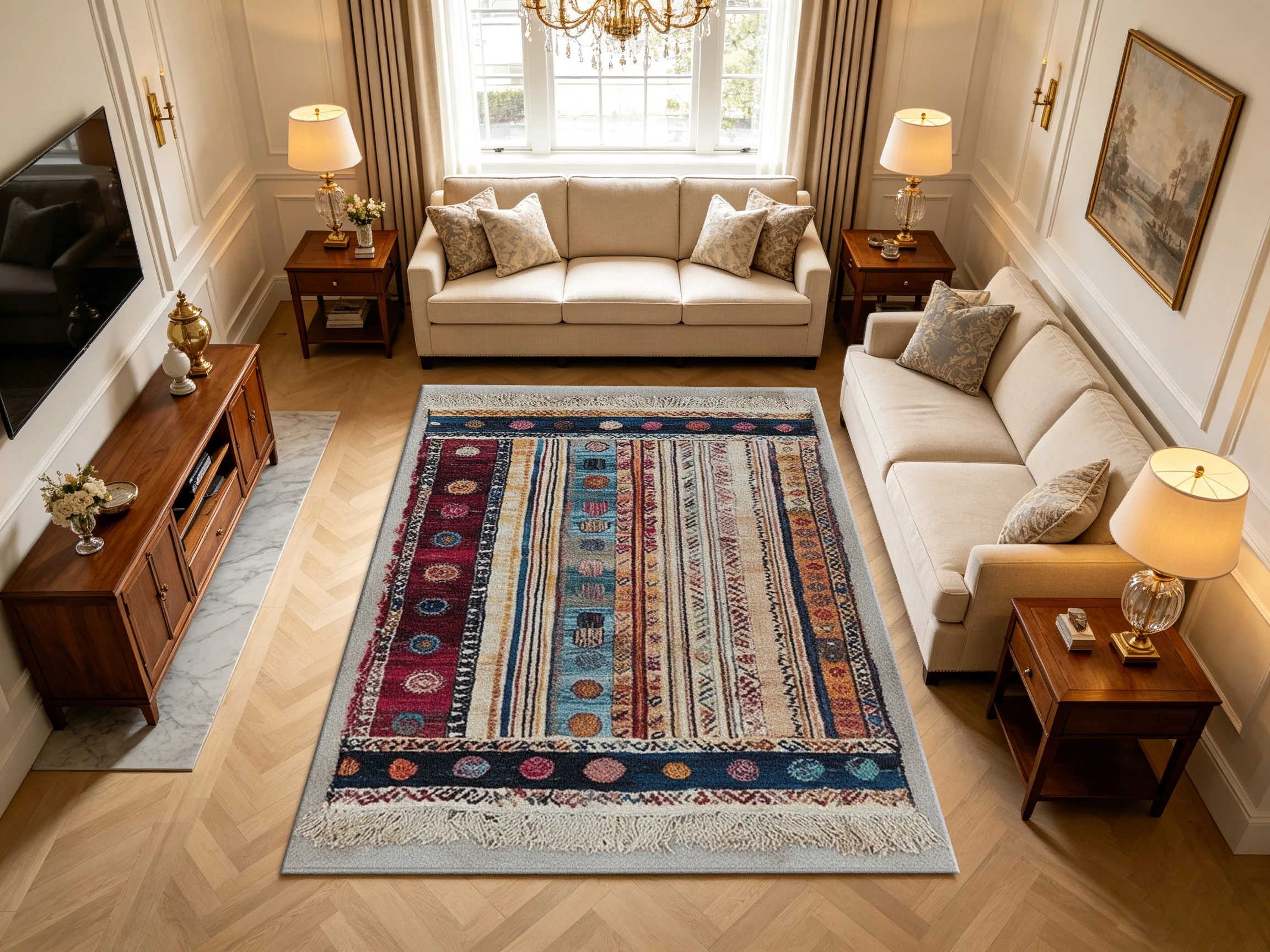 Handwoven Striped Tribal Carpet Flooring, Bohemian Geometric Tasseled Area Rug for House Interior Decoration
