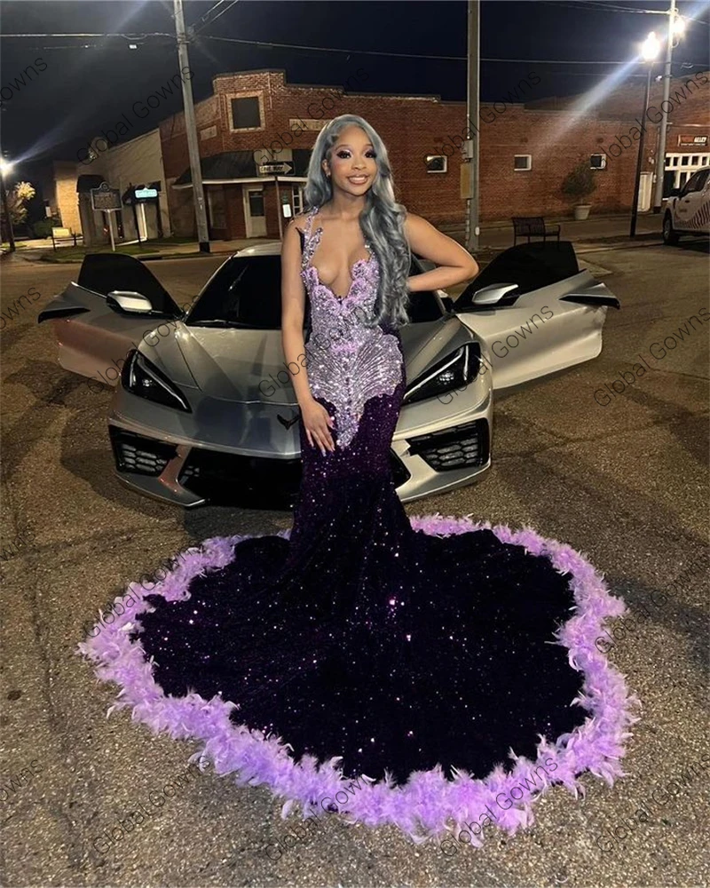 Dark Purple O Neck Long Prom Dress For Black Girls Beaded Crystal Diamond Birthday Party Gowns Feathers Sequin Evening Dresses