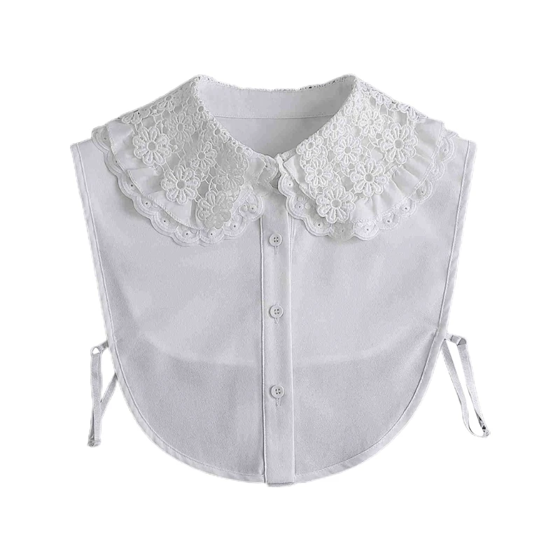 

Y1UB Women Multi Layered Lapel Faux Collar Layering Vintage for Doll White Half Shirt Blouse Dickey Hollow Out Embroidery Floral