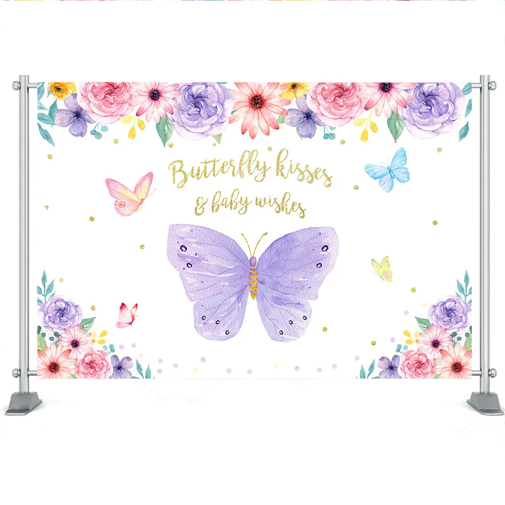 Butterfly Kisses and Baby Wishes Birthday Backdrop for Photography Watercolor Flowers Newborn Dessert Cake Table Decoration