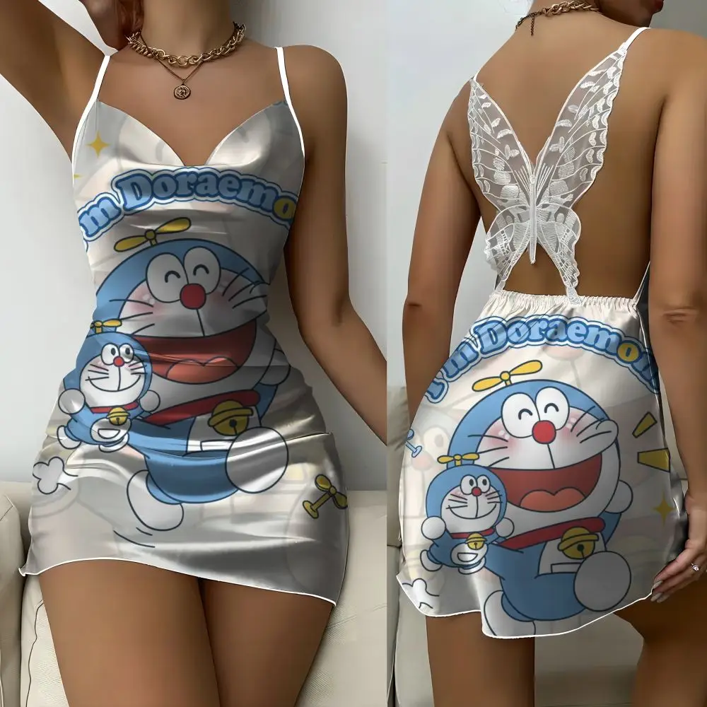 2024 Zijde Oppervlak Mini Jurk Vlinder Versierde Nachtjapon Jurk Doraemon Geanimeerde Print Halter Jurk Voor Vrouwen Schattige Sexy Jurk