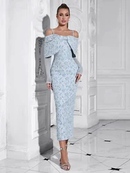 Sexy Off Shoulder Long Sleeve Flower Print Long Dress Women Sky Blue Mesh Sleeve Floral Slim Dresses Elegant Party Evening Gowns