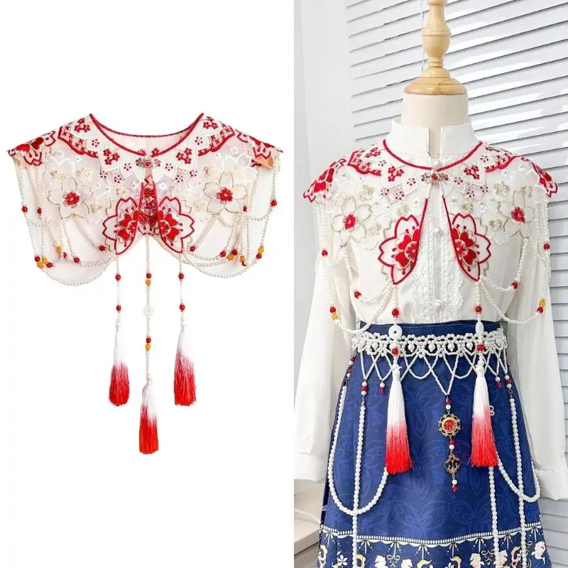 31BF Embroidery Flower Neckpiece Horse Face Skirt Collar With Tassels for Theme Event