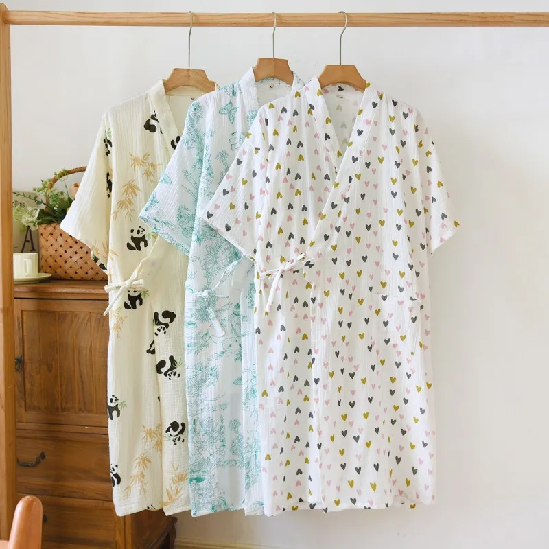 Spring Summer Women Robe Ladies 100% Cotton Crepe Bathrobe Female Sweet Short Sleeve Dressing Gown Robes Japnese Home Clothes