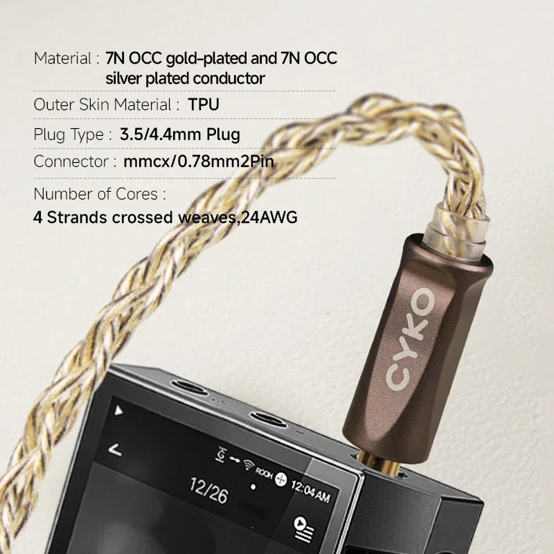 CYKO HIFI 4 Core 7N OCC Silver Gold plating Balance Upgrade Earphone Cable 3.5mm/4.4mm MMCX/0.78 2pin IEM Audio  Cables