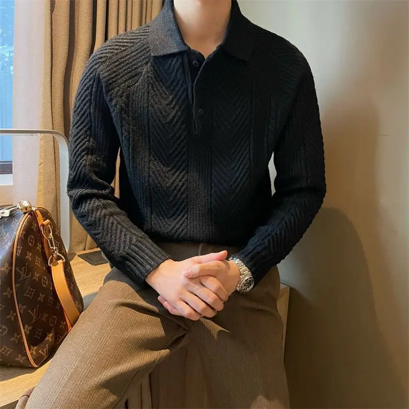 Japanese Style Vintage Autumn Winter New Sweaters Men\'s Lapel Button Jacquard Weave Fashion Long Sleeve Pullovers Knitted Tops