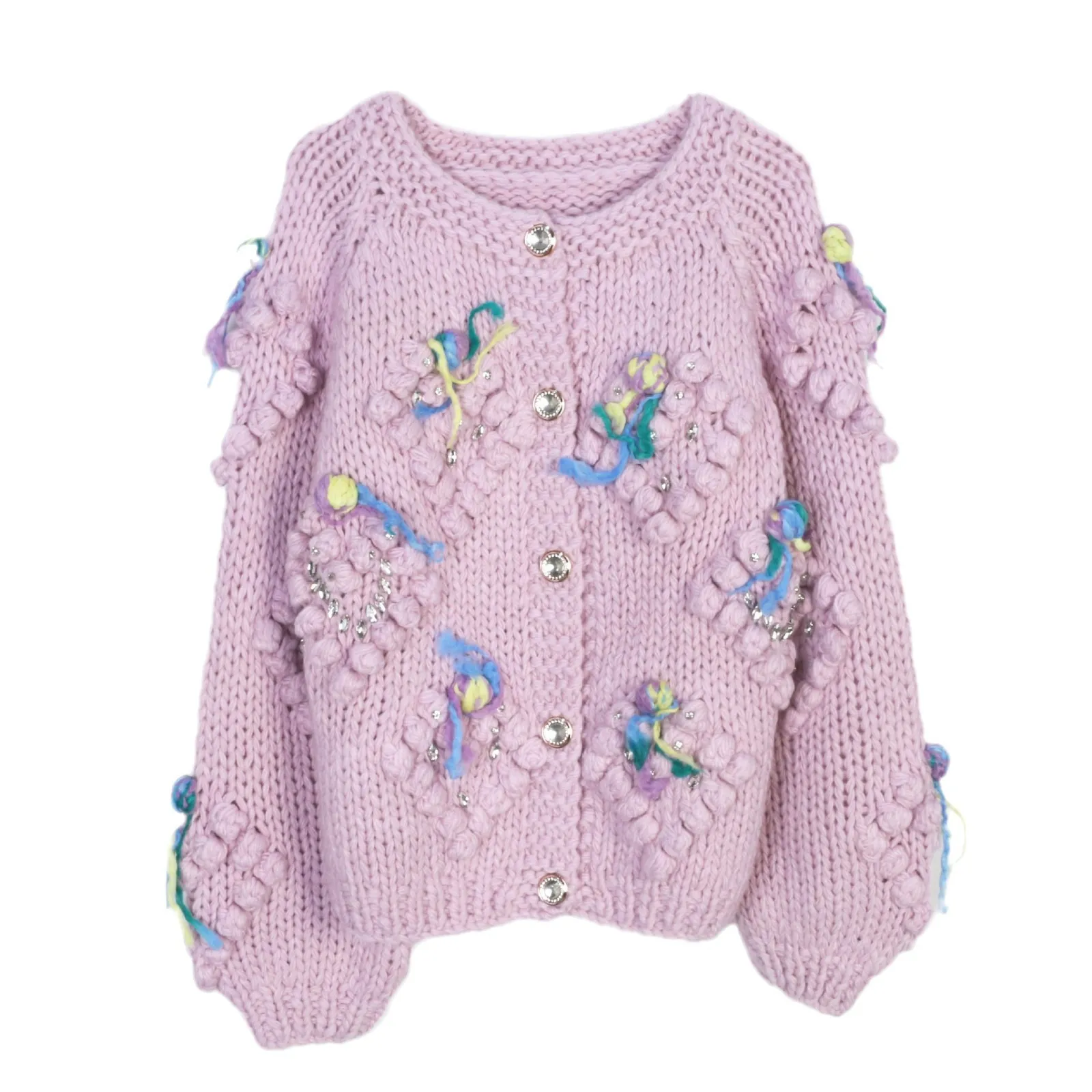 2025 Herbst und Winter lila Pullover Jacke Damen Rundhals lose böhmische Urlaub Langarm Pullover Strickjacke gestrickt Top