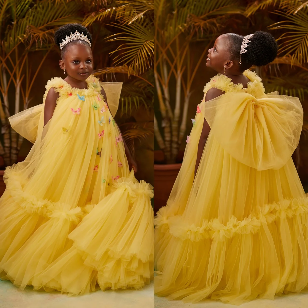 

Желтые платья с цветочным узором для девочек-бабочек, детское свадебное платье маленькой принцессы по индивидуальному заказу, платья для дня рождения, платье для причастия