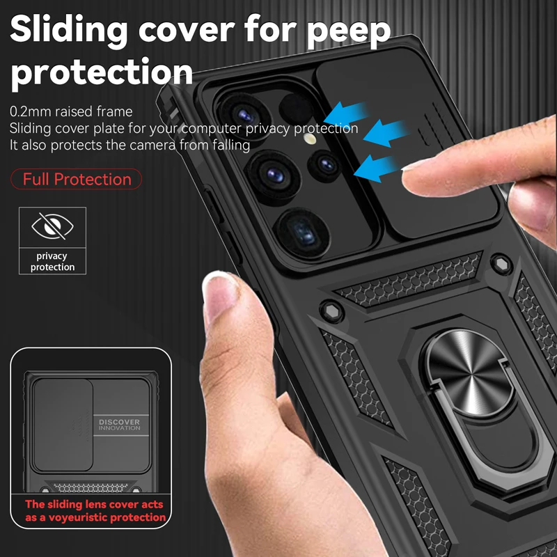 Ring Stand Rotating Slide Camera Lens Military Grade Armor Case For Samsung Galaxy S24 S23 S22 S21 S20 Note 20 Ultra M53 5G M33