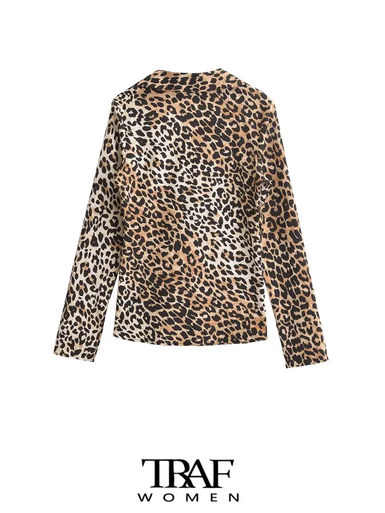 TRAF-Lapel Collar Long Sleeve Blouse for Women, Animal Print, Tied Leopard Shirts, Chic Tops, Sexy Fashion