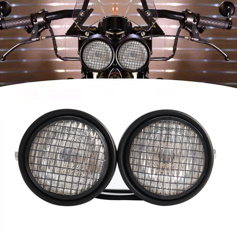 Black Motorcycle Twin Dual Headlight Motorcycle Custom Dominator Streetfighters Project Double Headlamp For Honda Yamaha Suzuki