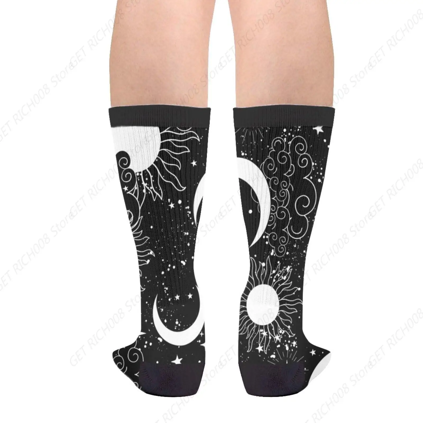 Black White Sun Crescent Stars On A Blue Mystical Ornament Casual Funny Funky Novelty Fashion Socks For Men Women