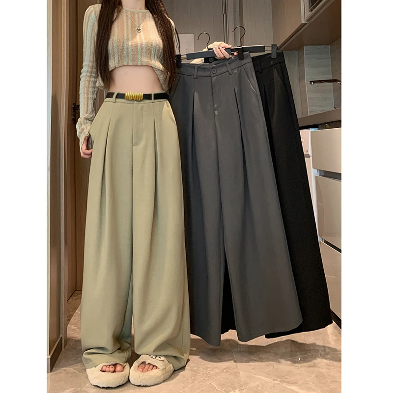 

Grey Casual Suit Pants For Women In Autumn Design Straight Wide Leg Pants Long Pants High Waist Loose Pants