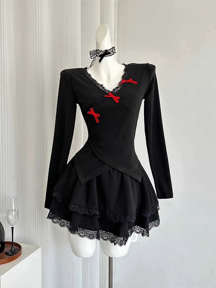 Women's Black Lace A-line Bow Luxury Dress Vintage Long Sleeve Mini Dresses Y2k Elegant One Piece Frocks Emo 2000s Clothes 2024