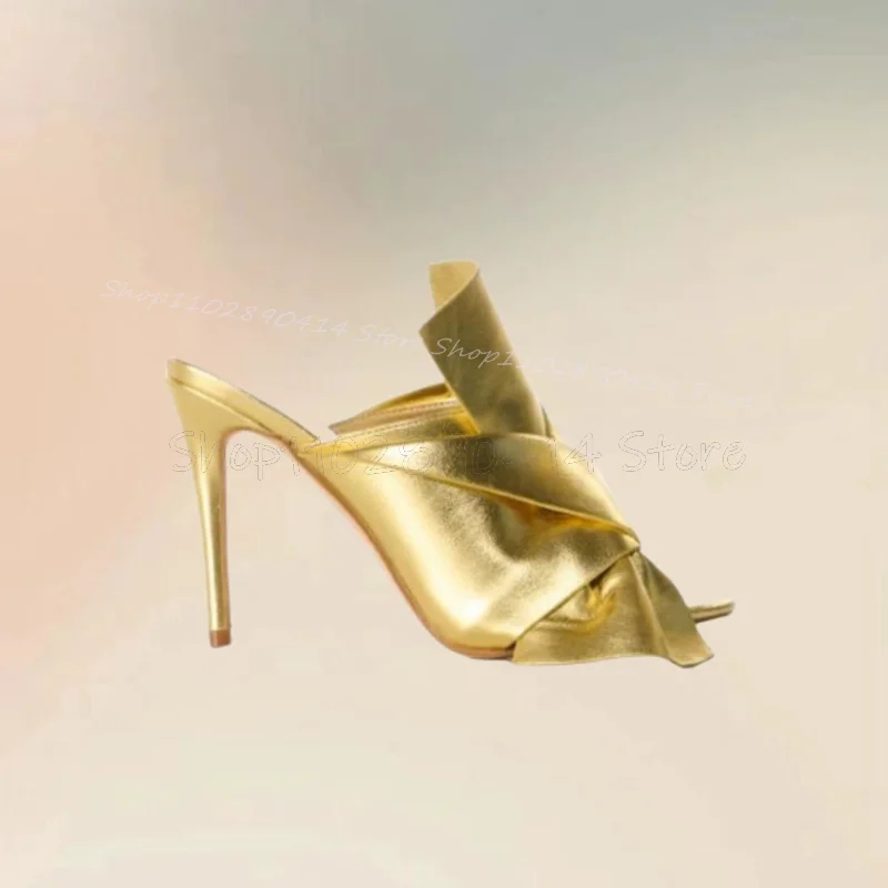 

Gold Glitter Pleated Design Open Toe Slippers Slip On Women Shoes Thin High Heels Novel Fashion Party 2026 Zapatos Para Mujere