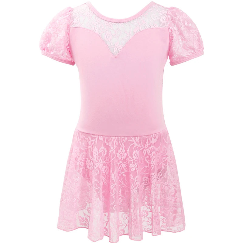 Girls Ballet Dress Lace Splice Puffy Short Sleeve Dance Leotard Dress Cotton Dance Dress with Lace Skirt Ballerina Dancewear