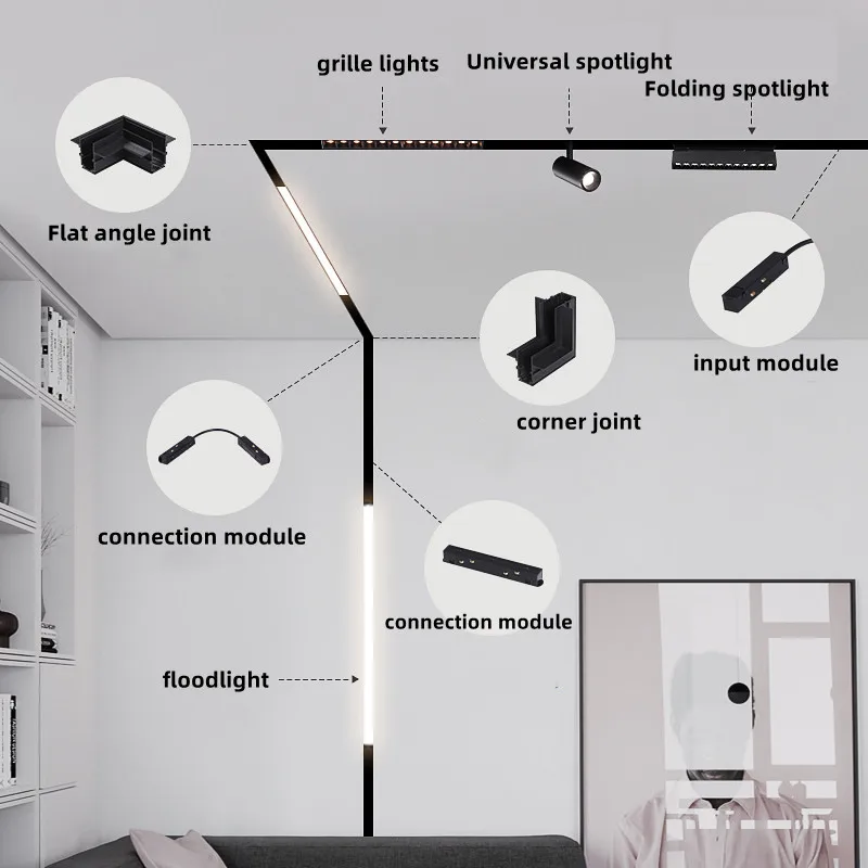 스마트 LED 마그네틱 트랙 조명 밝기 조절 48V 펜던트 스팟 램프 자석 유연한 고정구 레일, 모던하고 변경 가능한 디자인 시스템 유형