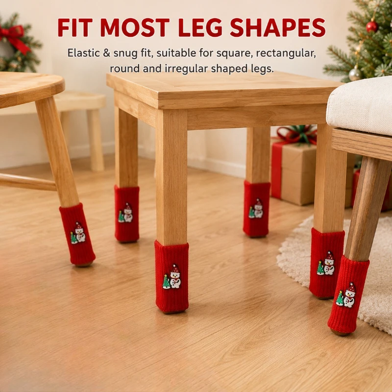 4-Pack Christmas Snowman Chair Leg Covers, Red Knitted Christmas Table and Chair Leg Protectors, Wear-Resistant Foot Pad Covers