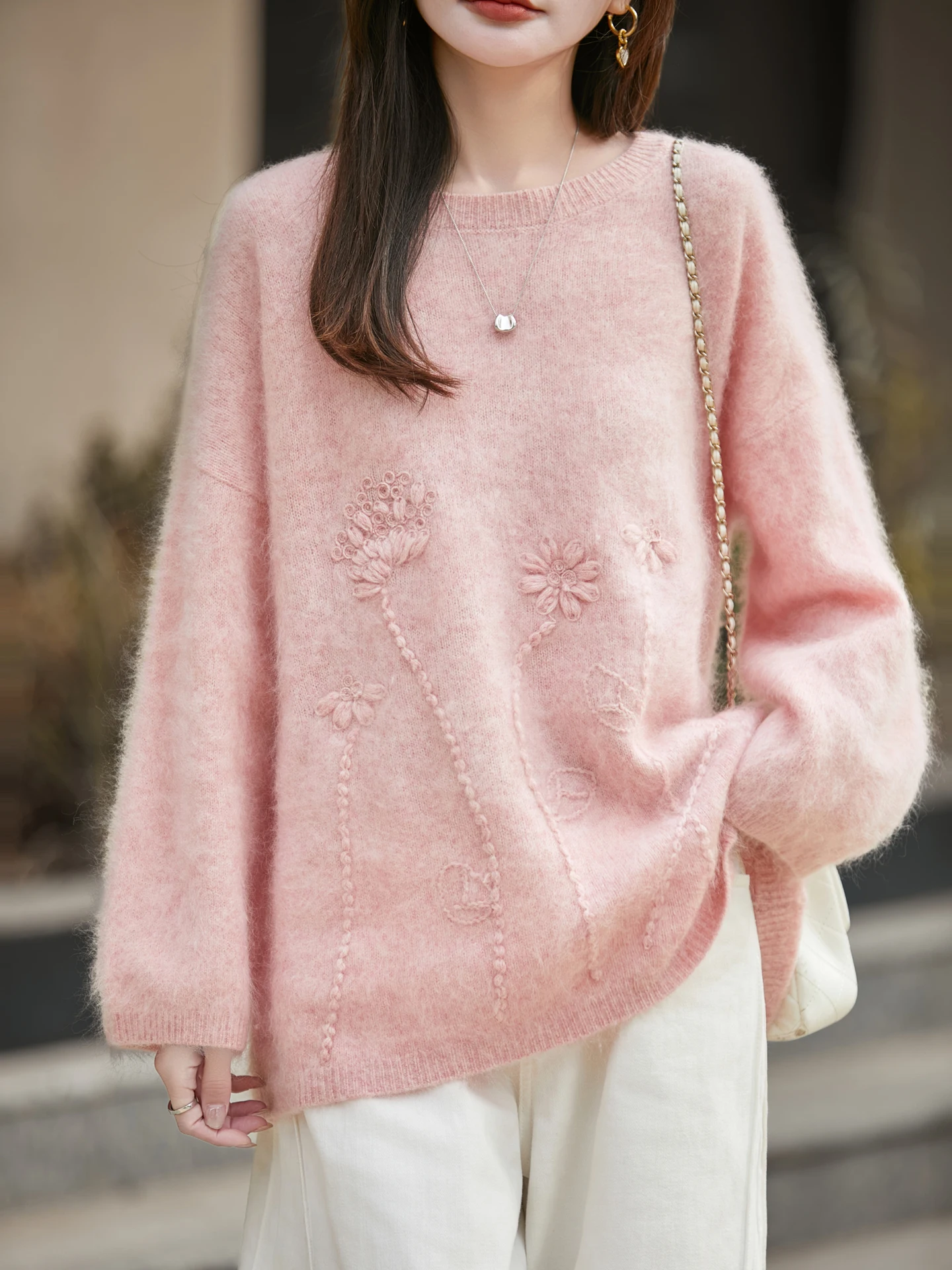 

TLOML женский трикотаж из 100% мериносовой шерсти, пуловер с круглым вырезом и вышивкой, осенне-зимний кашемировый свитер, мягкие утолщенные свободные плюшевые топы